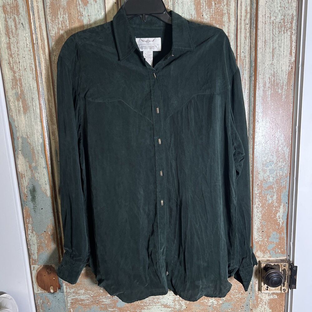 Vintage Longhorn Niver Western Wear Shirt L Large Embossed Silver Oblong Buttons